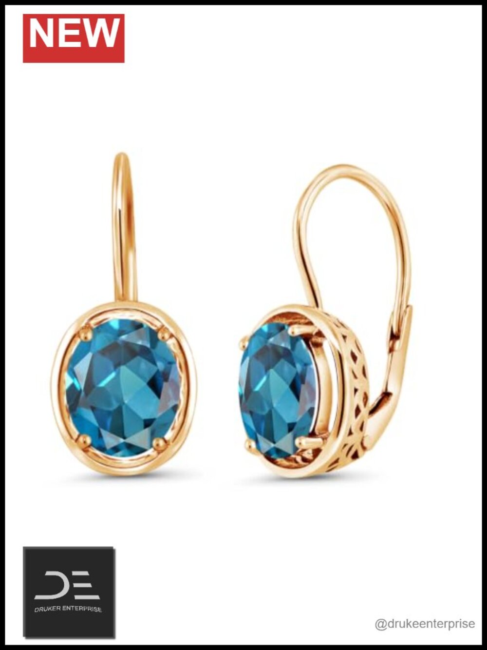 3.60 CT Oval London Blue Topaz Dangle Earrings 18K Yellow Gold Plated Silver